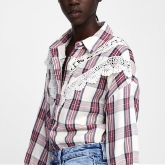 Zara Tops - Zara Basic | Gingham Check Long Sleeve Lace Detailed Plaid Button Down Shirt